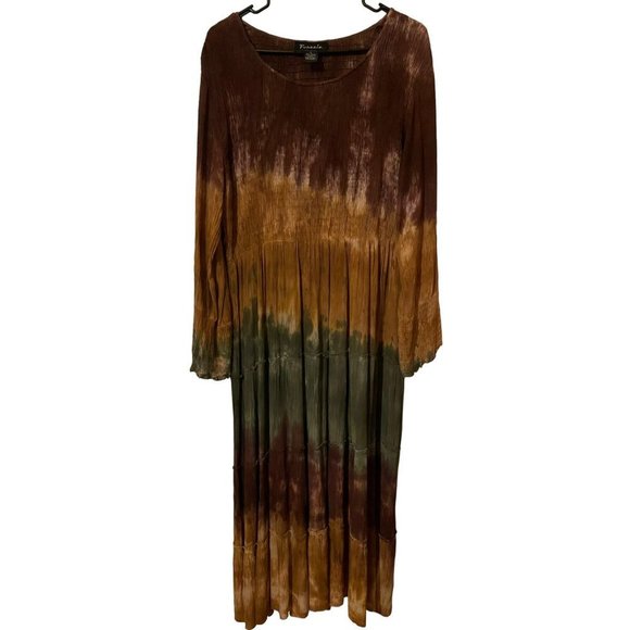 FRAZZLE Maxi Dress Tie Dye Mustard Green Multi Peasant Boho Hippie Womens Size L - Picture 2 of 5